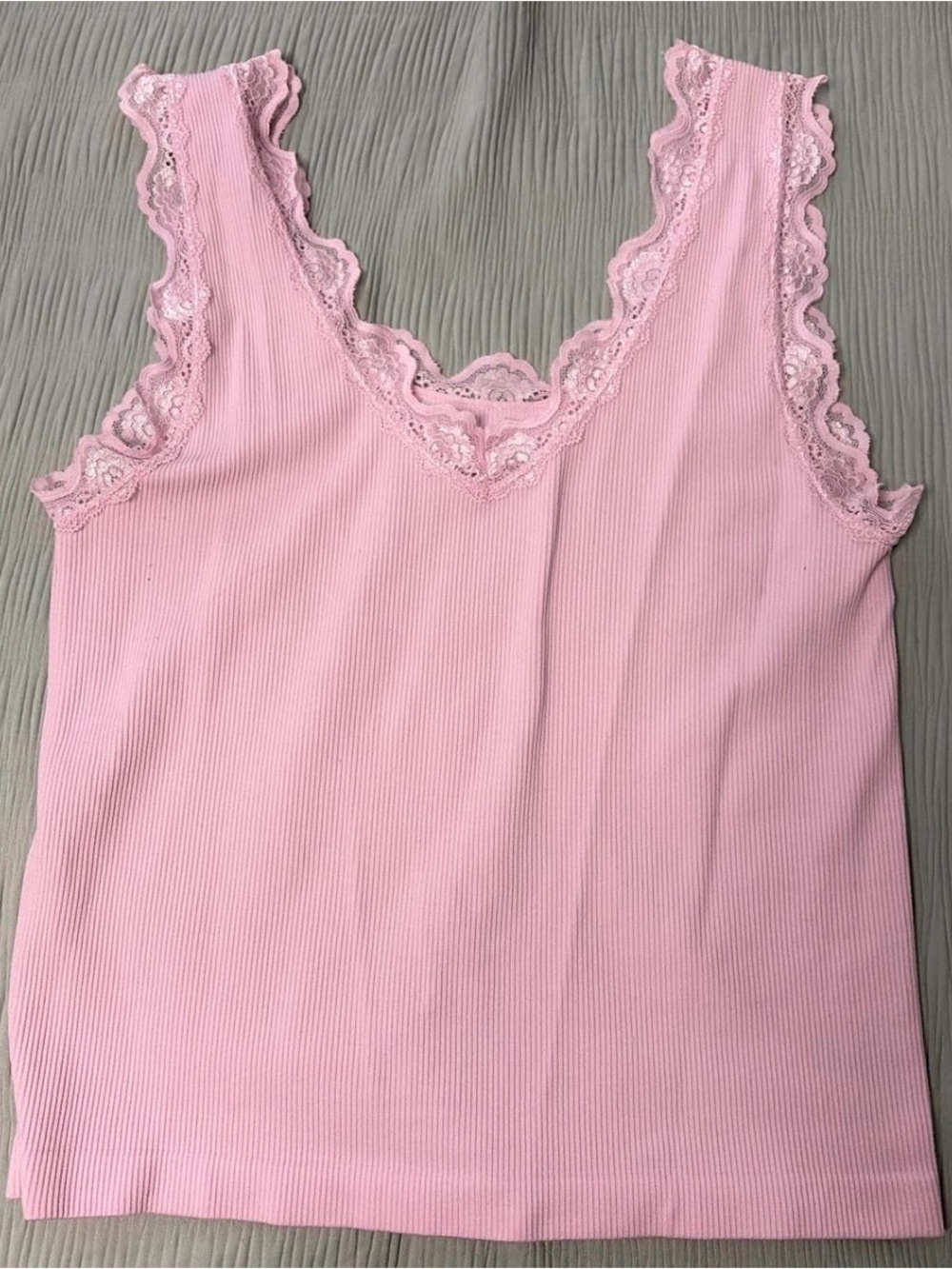 Pink Lace-Trim Ribbed Tank Top Size M/L - Picture 2 of 4